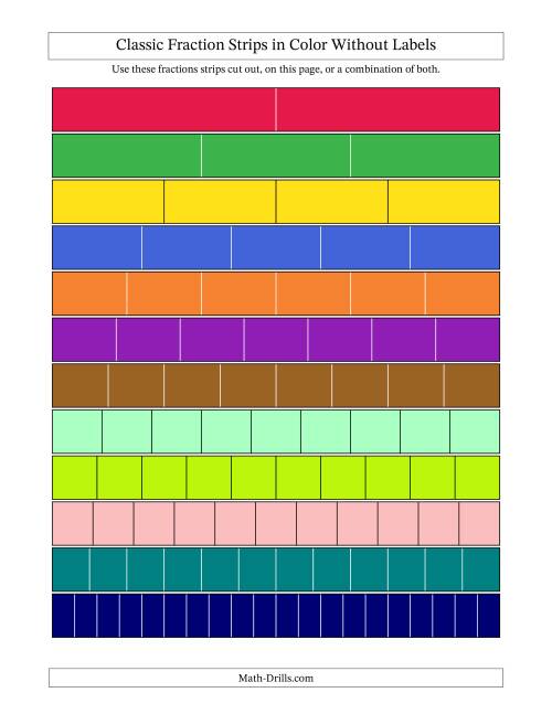 Classic Fraction Strips in Color Without Labels