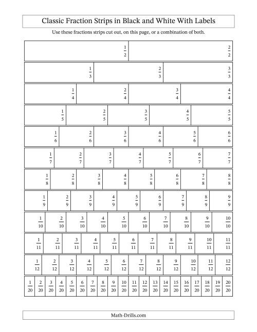 Classic Fraction Strips in Black and White With Labels