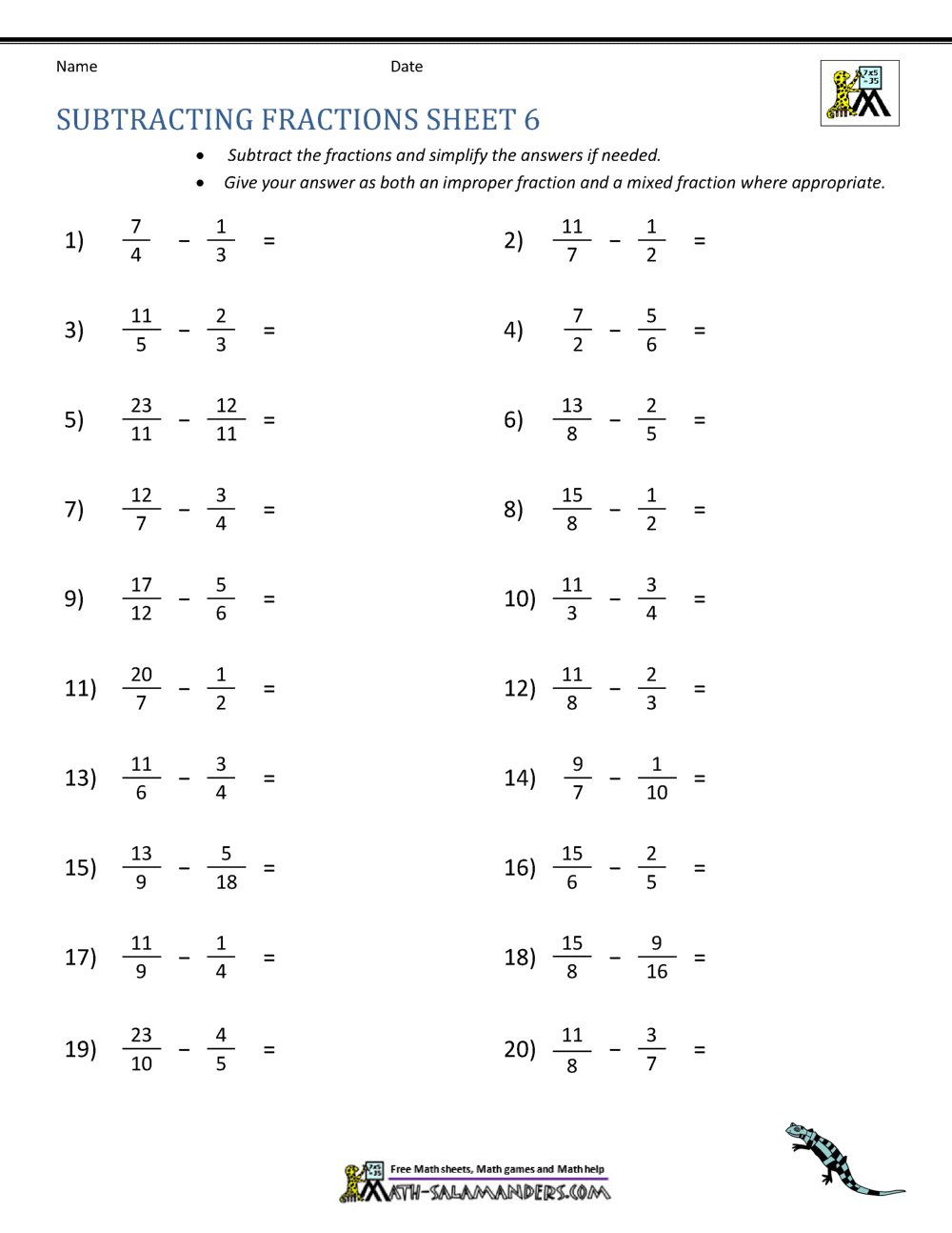fraction subtraction worksheet