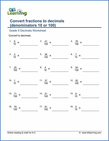 fraction to decimal sheet