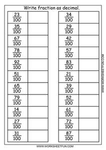 Write Fractions as Decimals Worksheet for 4th - 5th Grade | Lesson ...
