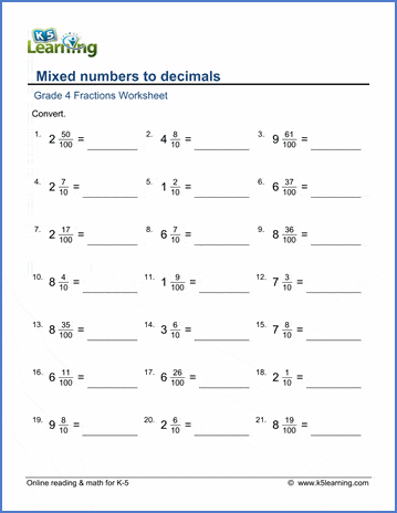 Grade 4 Fractions to Decimals Worksheets - free &  printable | Worsheets library...