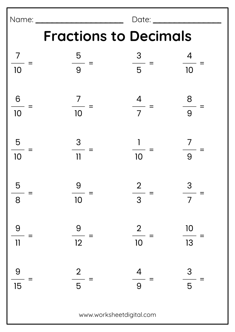 Free Fraction To Decimal Worksheet Grade 4 Download Free Fraction To 