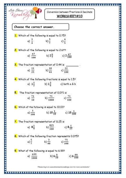 fraction to decimal worksheet grade 4