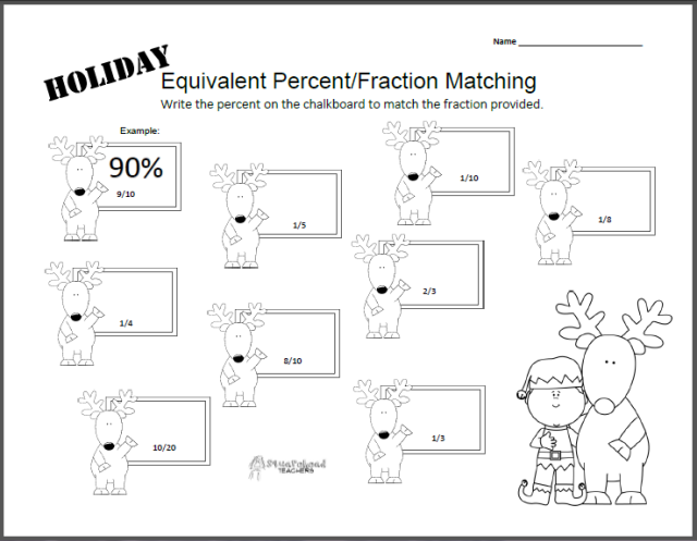 Holiday Equivalent Fraction-Percent Worksheet | Squarehead Teachers
