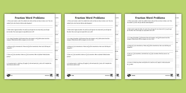 Fraction Word Problems Differentiated Worksheets for 3rd-5th Grade