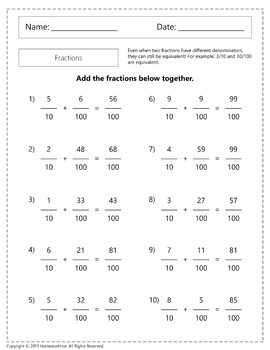 Fractions with Denominators of 10 and 100 worksheets by Homework Hut