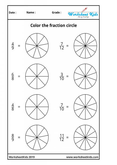 Fraction circles coloring printable worksheets | 3rd | 4th | 5th ...