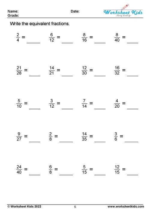 Equivalent Fractions Worksheets for 3rd and 4th Grade - Free PDF