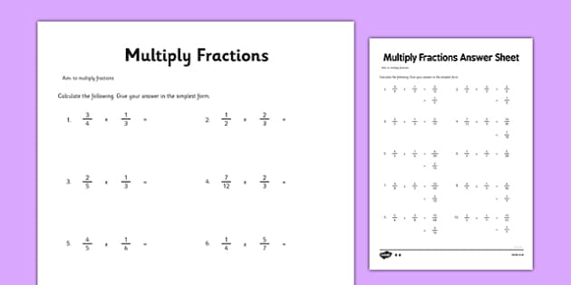 Grade 6 Multiplication - Multiplying Fractions Worksheet