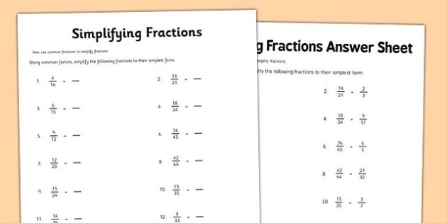 Simplifying Fractions Worksheet (teacher made) - Twinkl