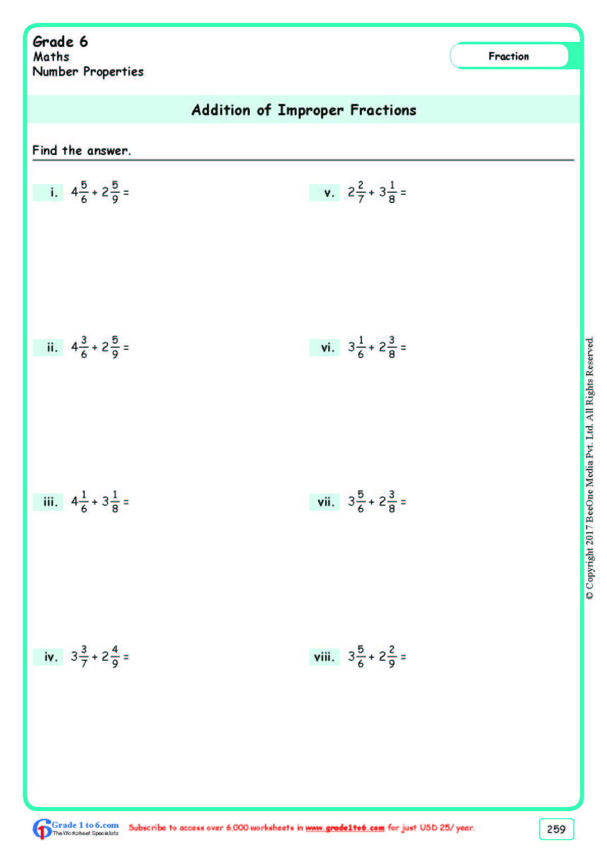 Grade 6|Improper Fractions Worksheets|www.grade1to6.com
