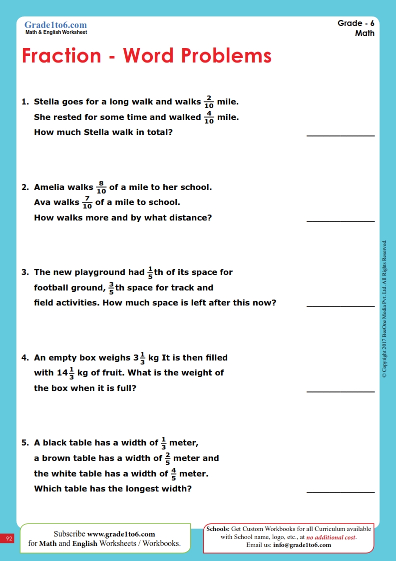 fraction worksheet for 6th grade