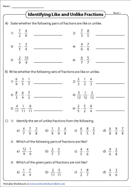 Types of Fractions Worksheets