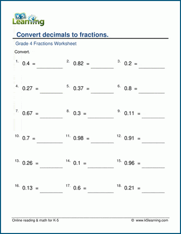 Grade 4 Math Worksheets: Convert decimals to fractions | Worsheets library