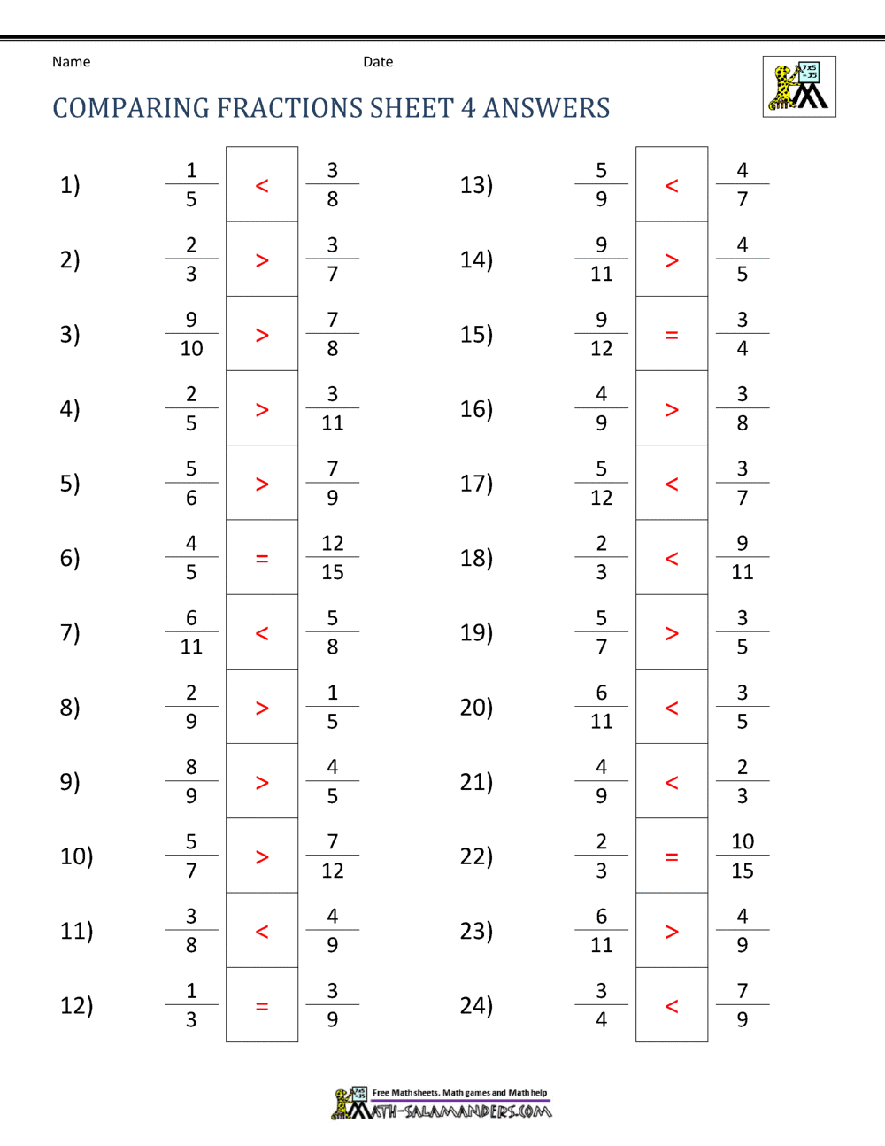 Comparing Fractions Worksheet