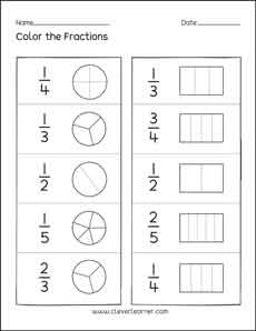 Fun activity on fractions, Mixed worksheets for children