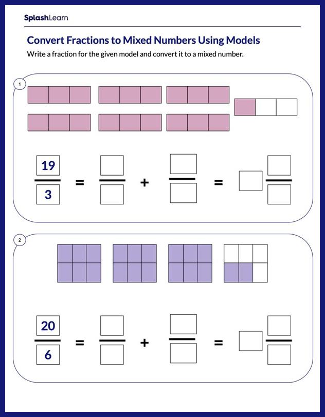 Number Bonds and Fractions Greater than 1 - Math Worksheets ...
