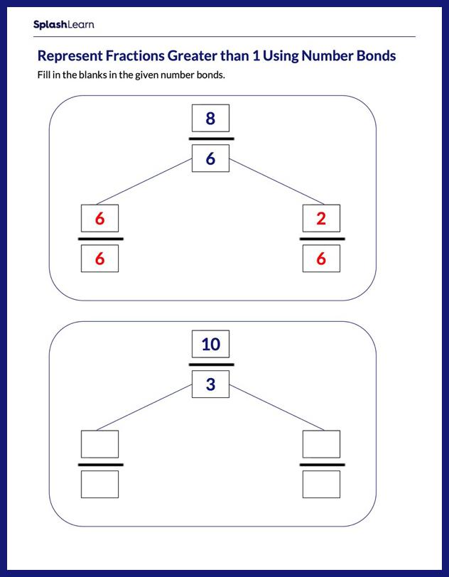 Number Bonds and Fractions Greater than 1 - Math Worksheets ...