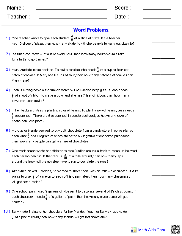 Word Problems Worksheets | Dynamically Created Word Problems