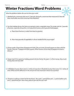 Winter Fractions Word Problems | Worksheet 