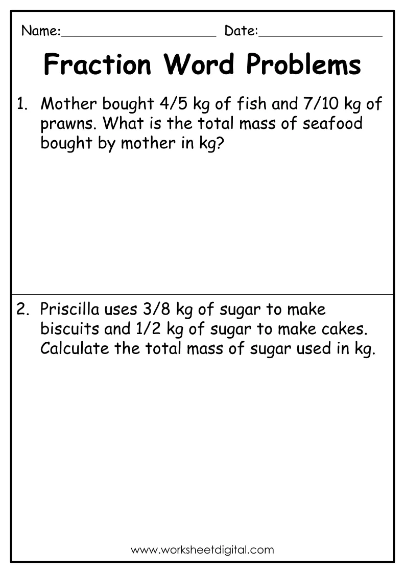 Fraction Word Problems Grade 4 - Worksheet Digital