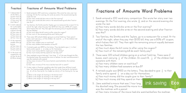Fifth Grade Fractions of Amounts Word Problems Activity