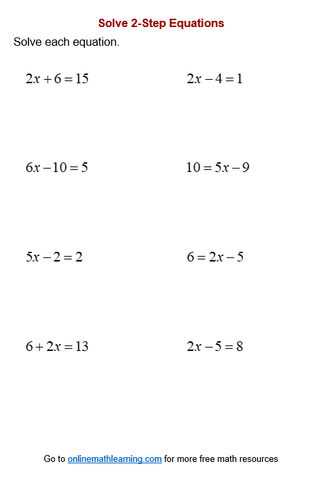 Two-Step Equation Worksheets (printable, online, answers, examples)