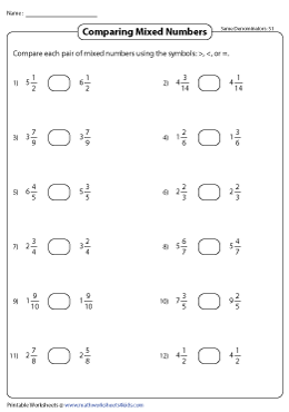 Comparing Mixed Numbers Worksheets