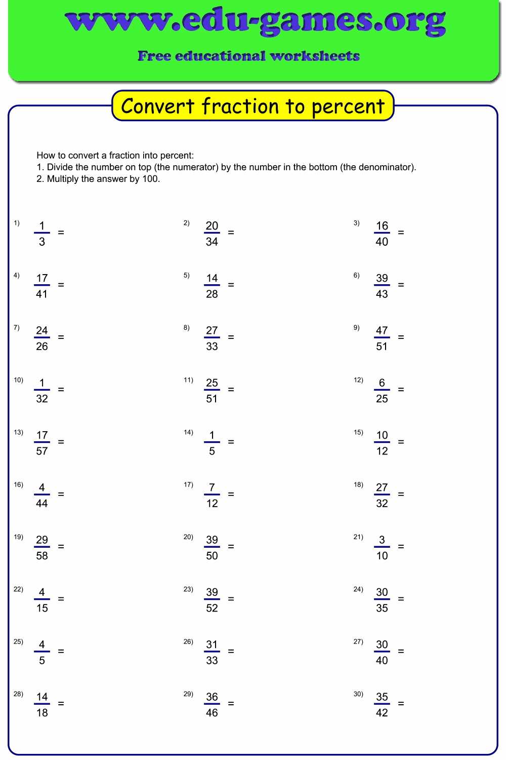 fractions and percentages worksheet