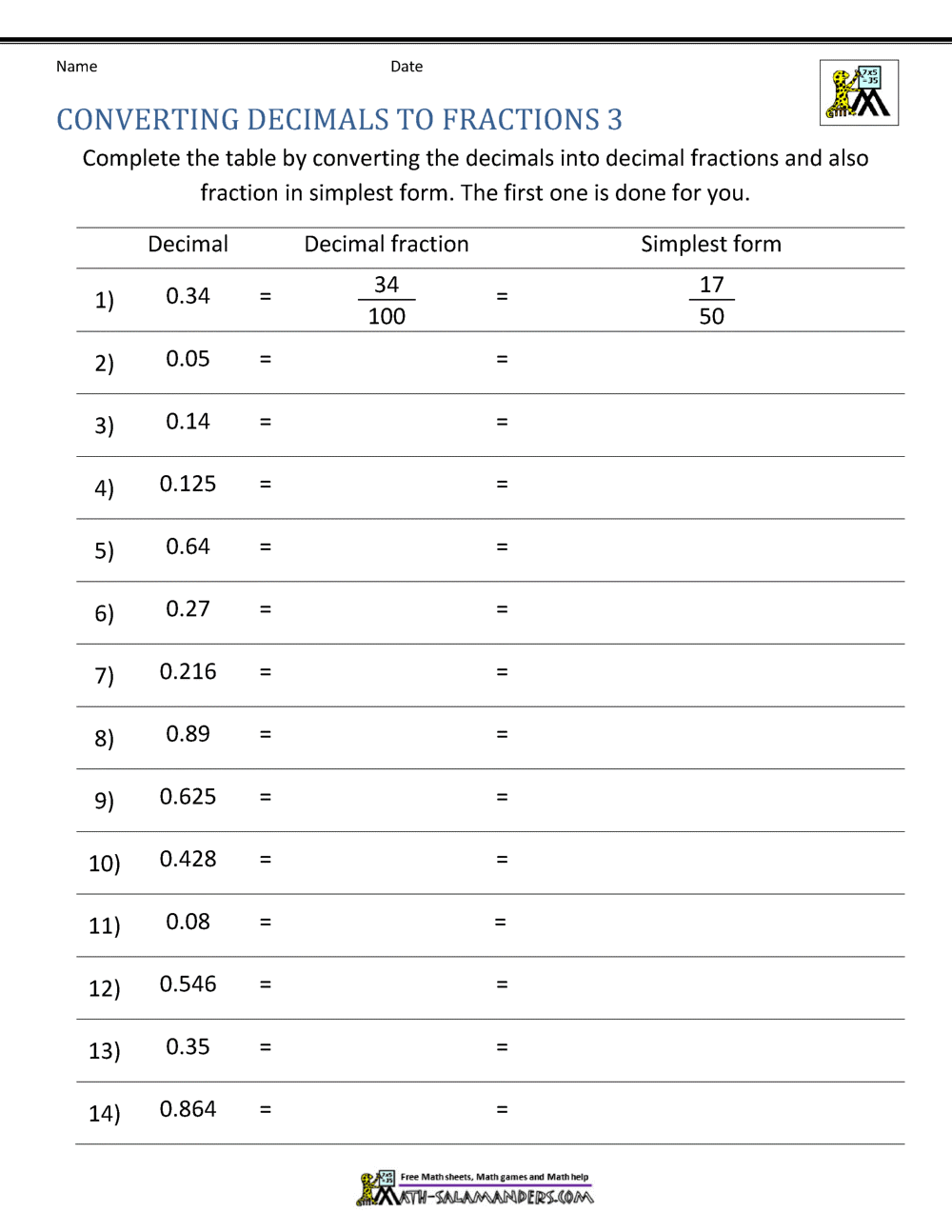 Converting Decimals to Fractions Worksheet