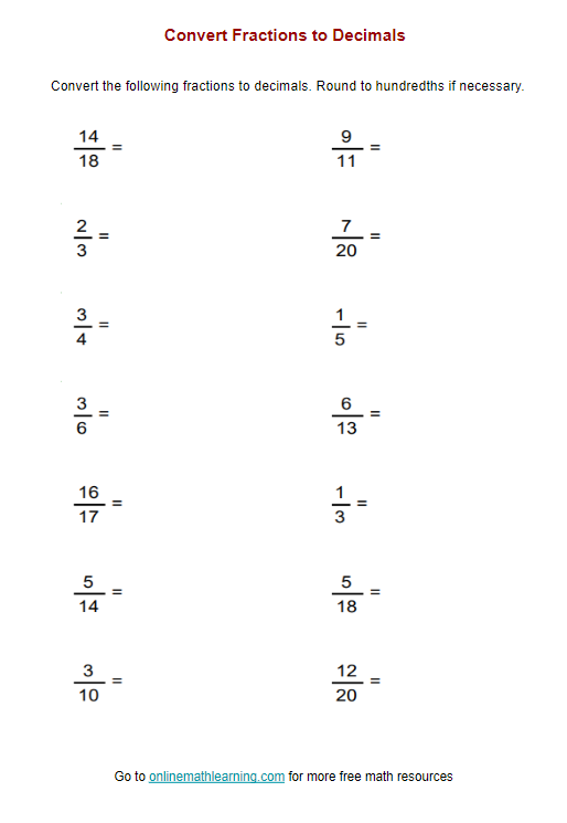 Convert Fractions to Decimals using Long Division Worksheets ...