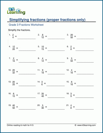 Grade 3 Math Worksheets: Simplifying proper fractions | Worsheets library