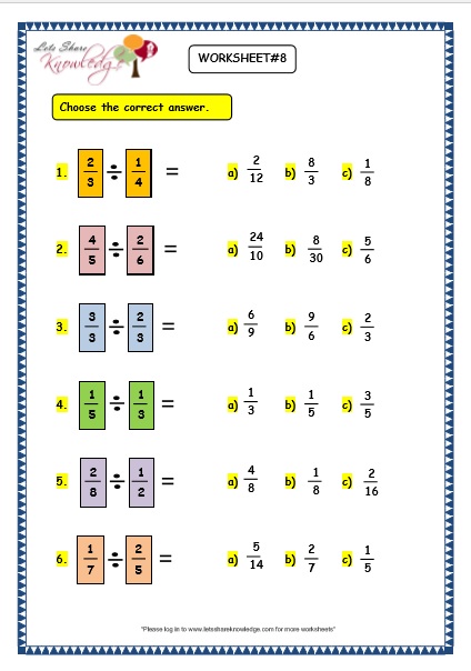 Grade 3 Maths Worksheets: (7.8 Multiplying and Dividing Fractions ...