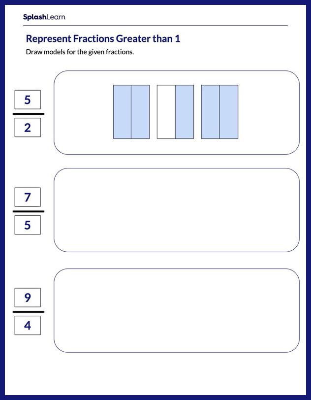 Represent Fractions Greater than 1 using Models - Math Worksheets ...