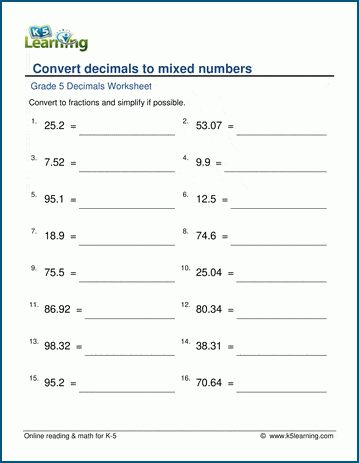 Grade 5 Fractions Worksheets: Convert decimals to mixed numbers ...