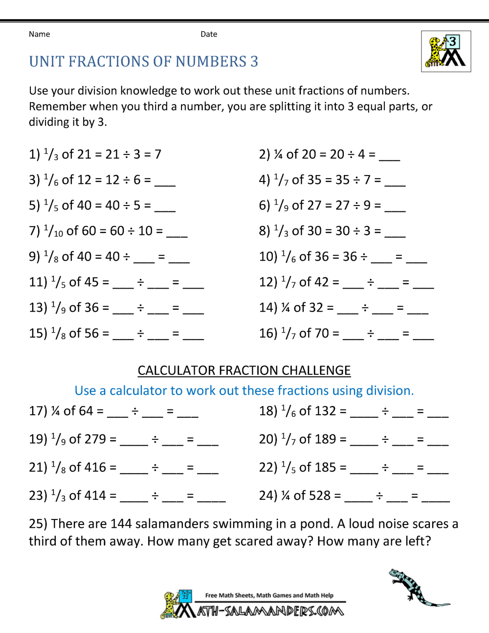 fractions of a number worksheet