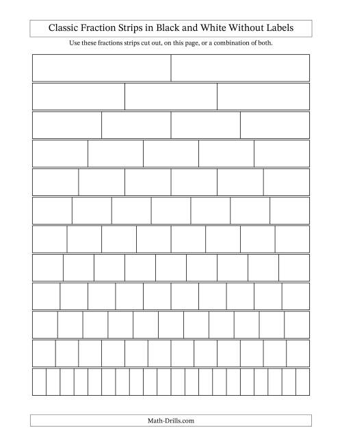 Classic Fraction Strips in Black and White Without Labels