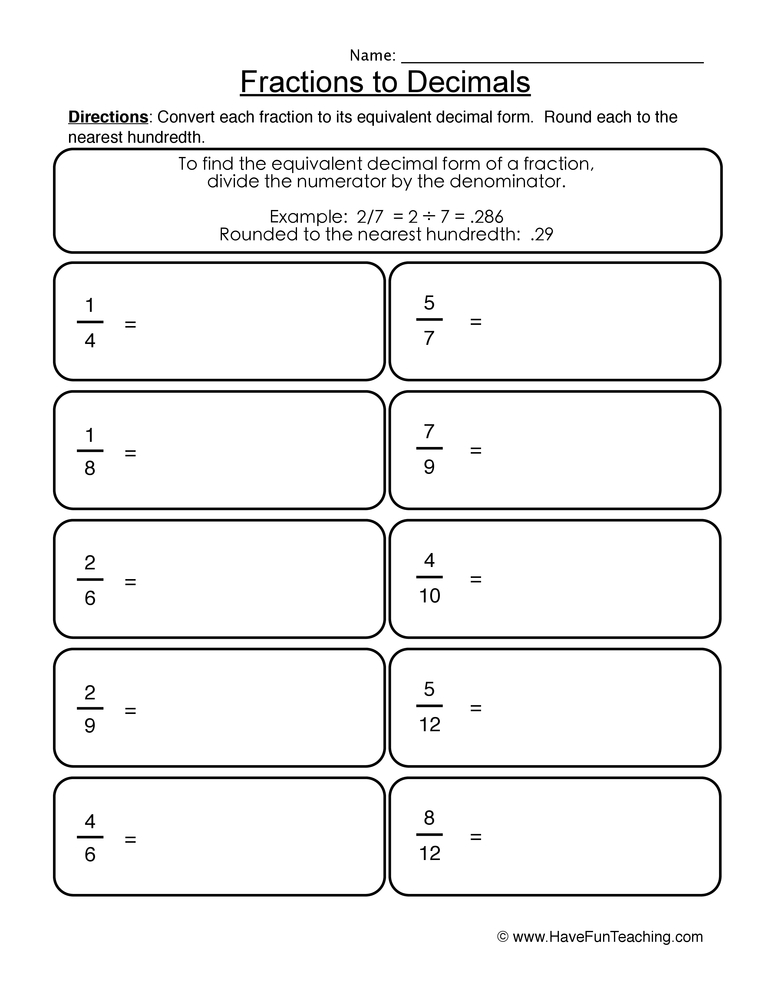 fractions to decimals worksheet pdf