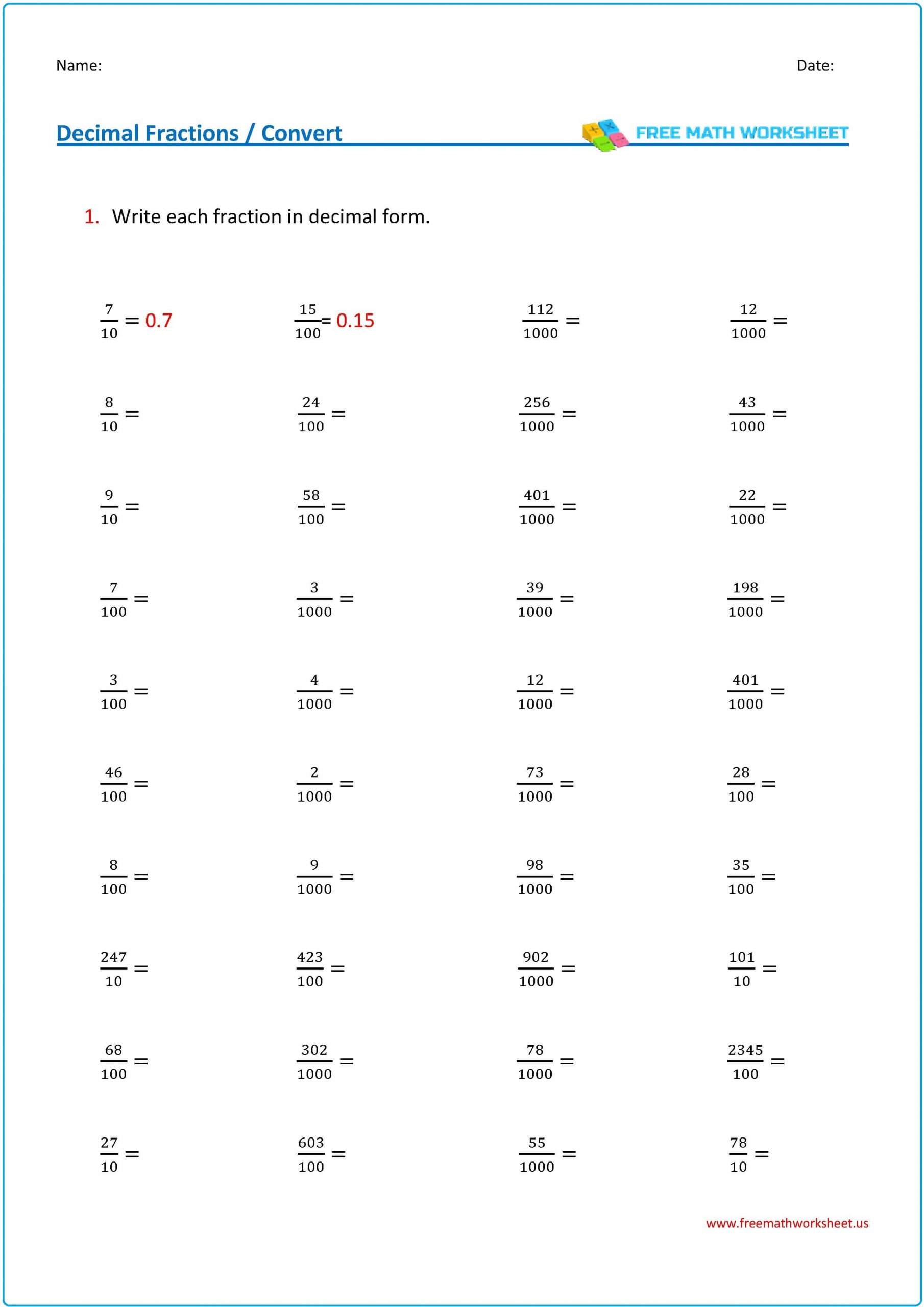 fractions to decimals worksheet