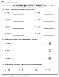 fractions to percentages worksheet