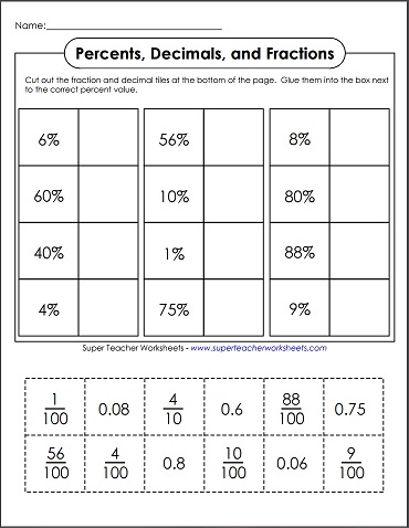 fractions to percents worksheet
