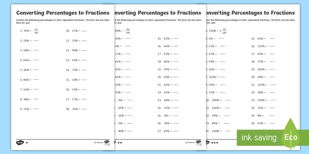 fractions to percents worksheet