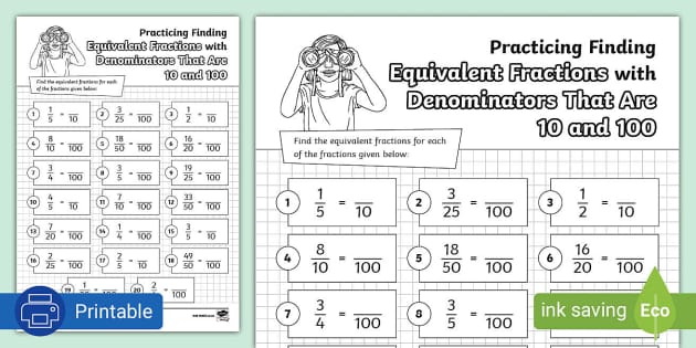 fractions with denominators of 10 and 100 worksheet