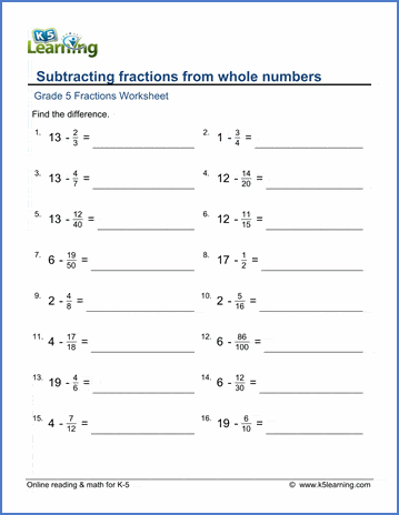 Subtracting fractions from whole numbers worksheets | Worsheets library
