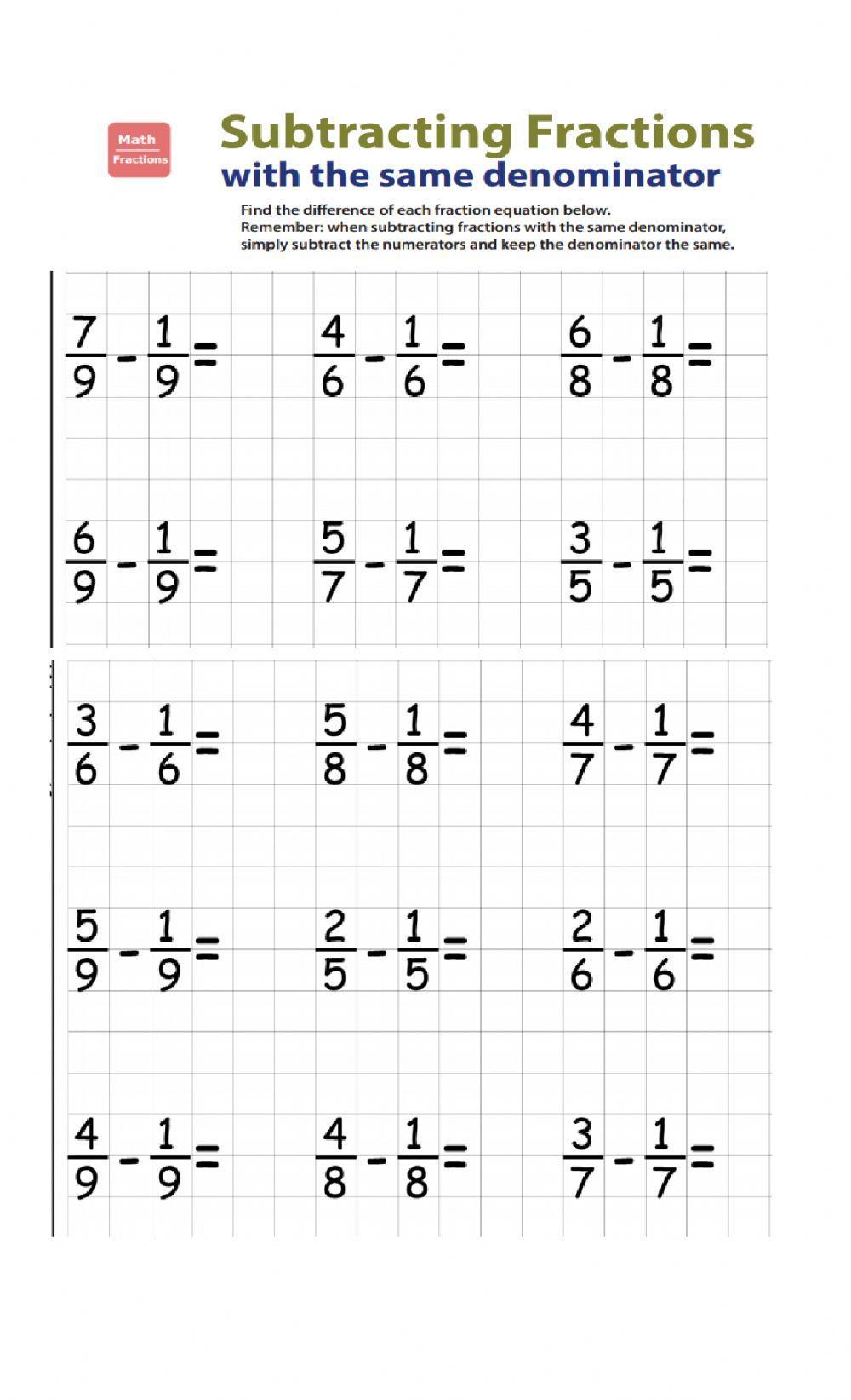 Adding and Subtracting Fractions with Like Denominators worksheet ...