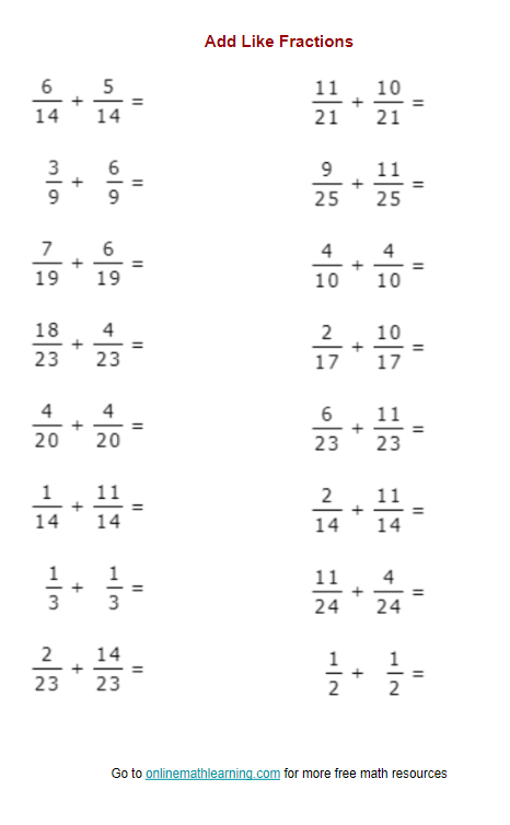 fractions with like denominators worksheet