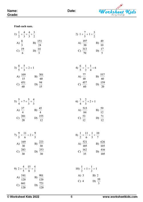 Adding fractions with unlike denominators worksheets - Free PDF