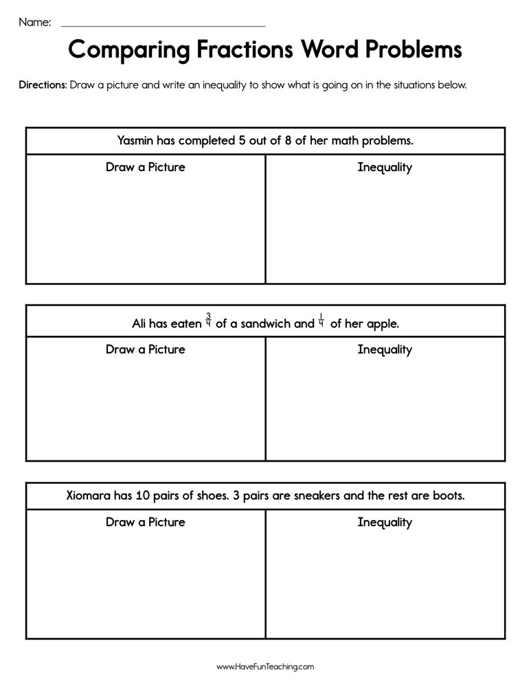 Comparing Fractions Word Problems Worksheet  