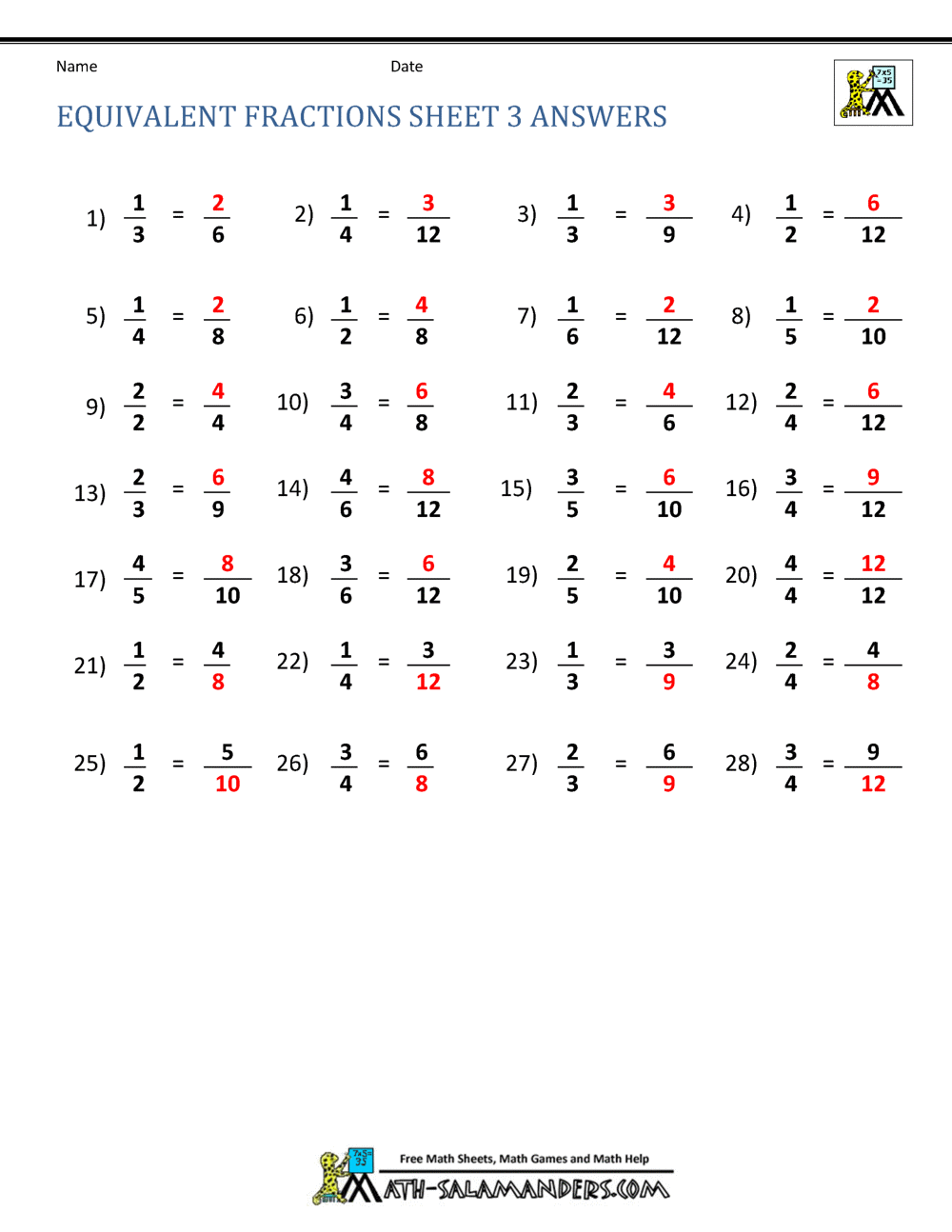 Equivalent Fractions Worksheet